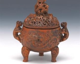 Chinese Finely Carved Boxwood Dragon Tripod Censer