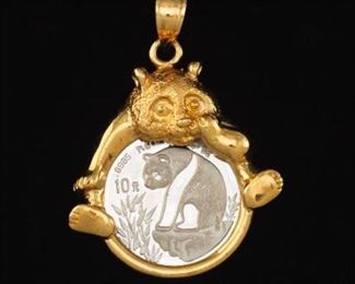 Chinese Platinum Panda Coin and Gold Pendant 