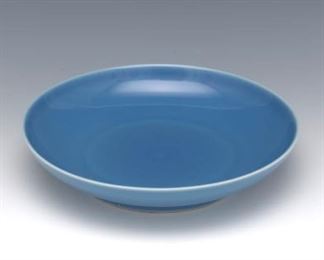 Chinese Porcelain Monochrome Blue Glazed Footed Dish, Apocryphal Kangxi Marks 
