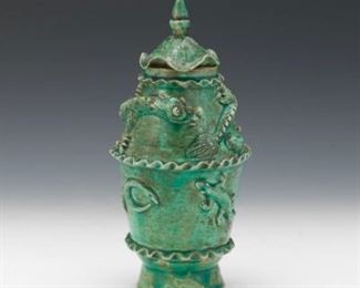Chinese Turquoise Ceramic Vessel with Dragon 