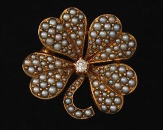 Edwardian Seed Pearl and Diamond Clover Brooch 