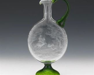 Fine Glass Ewer with Etched Boar Hunt Scene