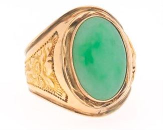 Gentlemens Gold and Green Jade Dragon Ring 