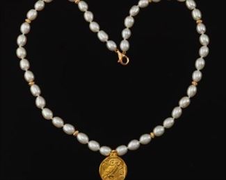 Gold Athena Pendant on Pearl Necklace 