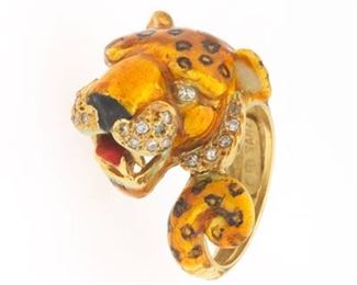 Gold, Enamel and Diamond Leopard Bypass Ring 