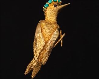 Gold, Turquoise and Ruby Woodpecker Brooch 