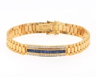 Italian Gold, Diamond and Blue Sapphire Rolex Style Bracelet 