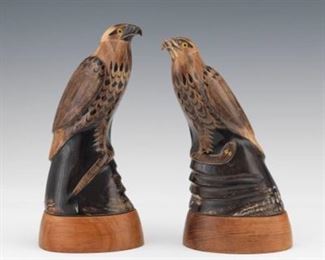 Japanese Pair of Carved Horn Book Ends, Eagles Capturing Serpent