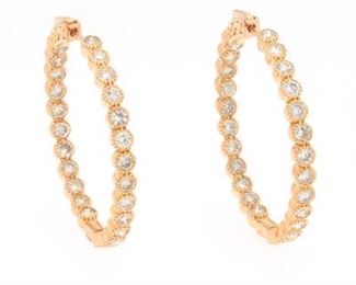 Ladies 4.45 Ct Diamond and Rose Gold Hoop Earrings 