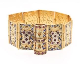 Ladies Antique Persian Style Arabesque Gold, Ruby and Enamel Wide Bracelet 