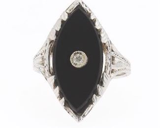 Ladies Art Deco Gold, Black Onyx and Diamond Ring 