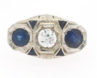 Ladies Art Deco Gold, Diamond and Blue Sapphire Ring 