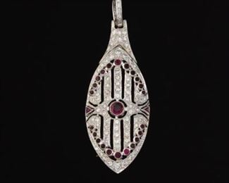 Ladies Art Deco Style Gold, Ruby and Diamond Pendant on Chain 