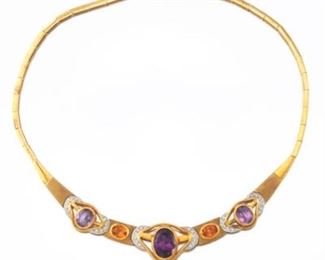 Ladies Buccellati Style Gold, Amethyst, Amber Citrine and Diamond Necklace 