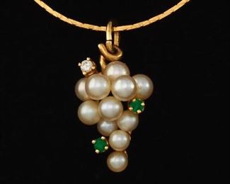 Ladies Elegant Seed Pearl, Diamond and Emerald Grape Cluster Pendant on Chain