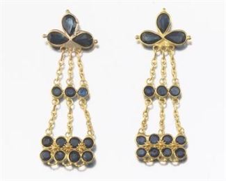 Ladies Gold and Blue Sapphire Pair of Cascade Earrings 