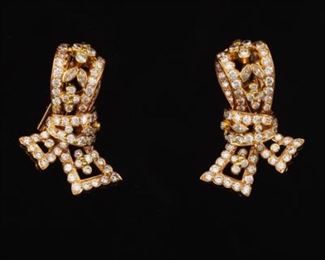 Ladies Gold and Diamond Pair of Ribbon Bow Ear Clips 