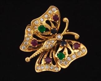 Ladies Gold and Gemstone Butterfly Brooch 