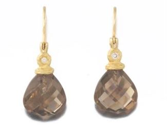 Ladies Gold and Smoky Quartz Pair of Earrings 