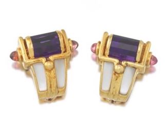 Ladies Gold, Amethyst, Pink Tourmaline and MotherofPearl Pair of Ear Clips 