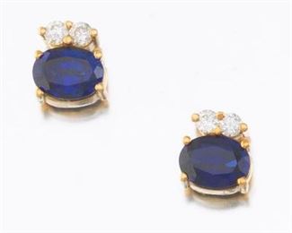 Ladies Gold, Blue Sapphire and Diamond Pair of Earrings 