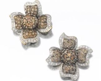 Ladies Gold, Cognac and White Diamond Pair of Ear Clips 