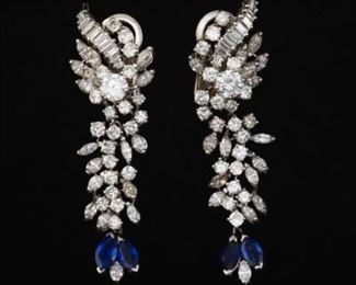 Ladies Gold, Diamond and Blue Sapphire Pair of Cascade Ear Clips 