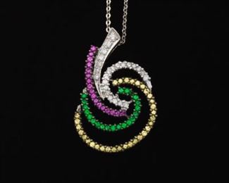 Ladies Gold, Diamond and Colored Sapphire Pendant on Chain 