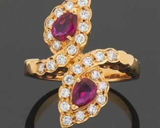 Ladies Gold, Diamond and Ruby Bypass Ring 