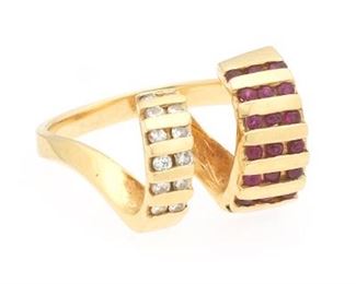 Ladies Gold, Diamond and Ruby Scroll Ring 