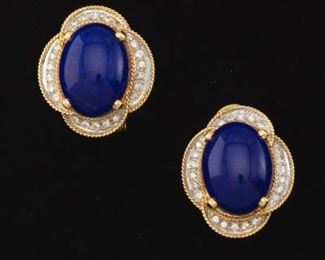 Ladies Gold, Lapis Lazuli and Diamond Pair of Ear Clips 