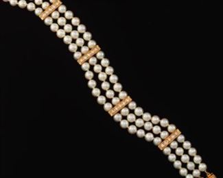 Ladies Gold, Pearl and Diamond ThreeStrand Bracelet 