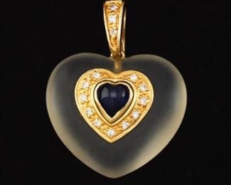 Ladies Gold, Rock Crystal, Blue Sapphire and Diamond Heart Pendant 