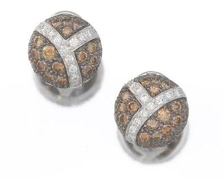 Ladies Gold, White and Cognac Diamond Pair of Button Ear Clips 