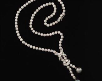 Ladies Italian Gold, Two 10 mm Tahitian Pearl and 4 Ct Total Diamond Necklace 