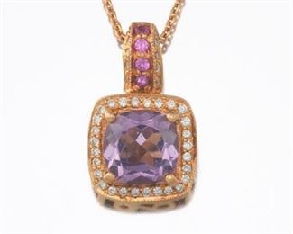Ladies LeVian Gold, Amethyst, Pink Sapphire and Diamond Pendant on Chain 