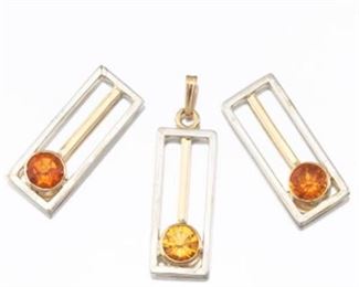 Ladies Modernist Citrine and Gold Earrings and Pendant Suite 