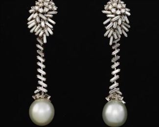 Ladies Platinum, 6 Ct Total Diamond and Pearl Pair of Ear Clips 