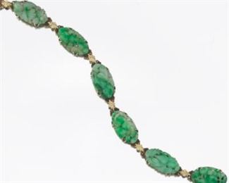 Ladies Retro Gold and Carved Green Jade Bracelet 