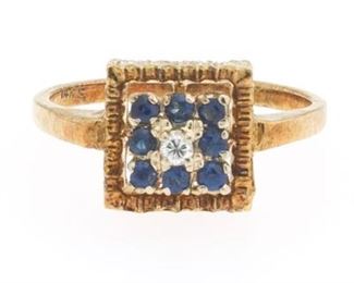 Ladies Retro Gold, Blue Sapphire and Diamond Ring 