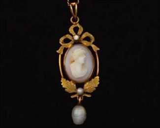 Ladies TwoTone Gold, Diamond and Pearl Victorian Cameo Pendant on Chain