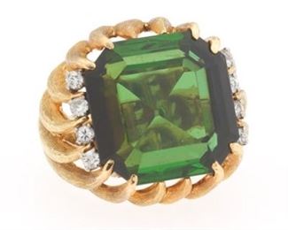 Ladies Vintage Gold, Green Tourmaline and Diamond Cocktail Ring 