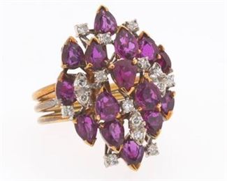 Ladies Vintage Gold, Rubilite and Diamond Cluster Ring 