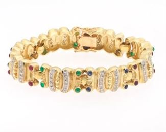Ladies Vintage TwoTone Gold, Diamond, Ruby, Blue Sapphire and Emerald Bracelet 
