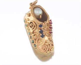 Ladies Yellow Gold Boot Charm with Pearls and Gemstones 