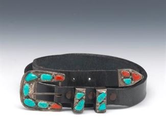 Marvelyne C. Zuni Sterling Silver, Turquoise, Coral and Leather belt 