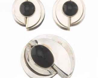 Mexican Sterling Silver and Onyx Brooch and Ear Clip Set 