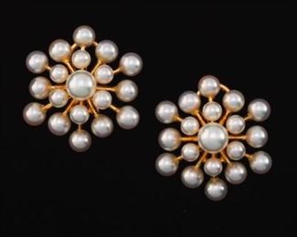 Mikimoto Gold and Pearl Starburst Pair of Ear Clips 