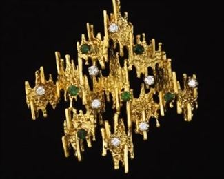 Modernist 18k Gold, Diamond and Green Tourmaline Brooch 
