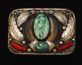 Native American JMC Sterling Silver, Bear Claws, Turquoise and Coral Belt Buckle 